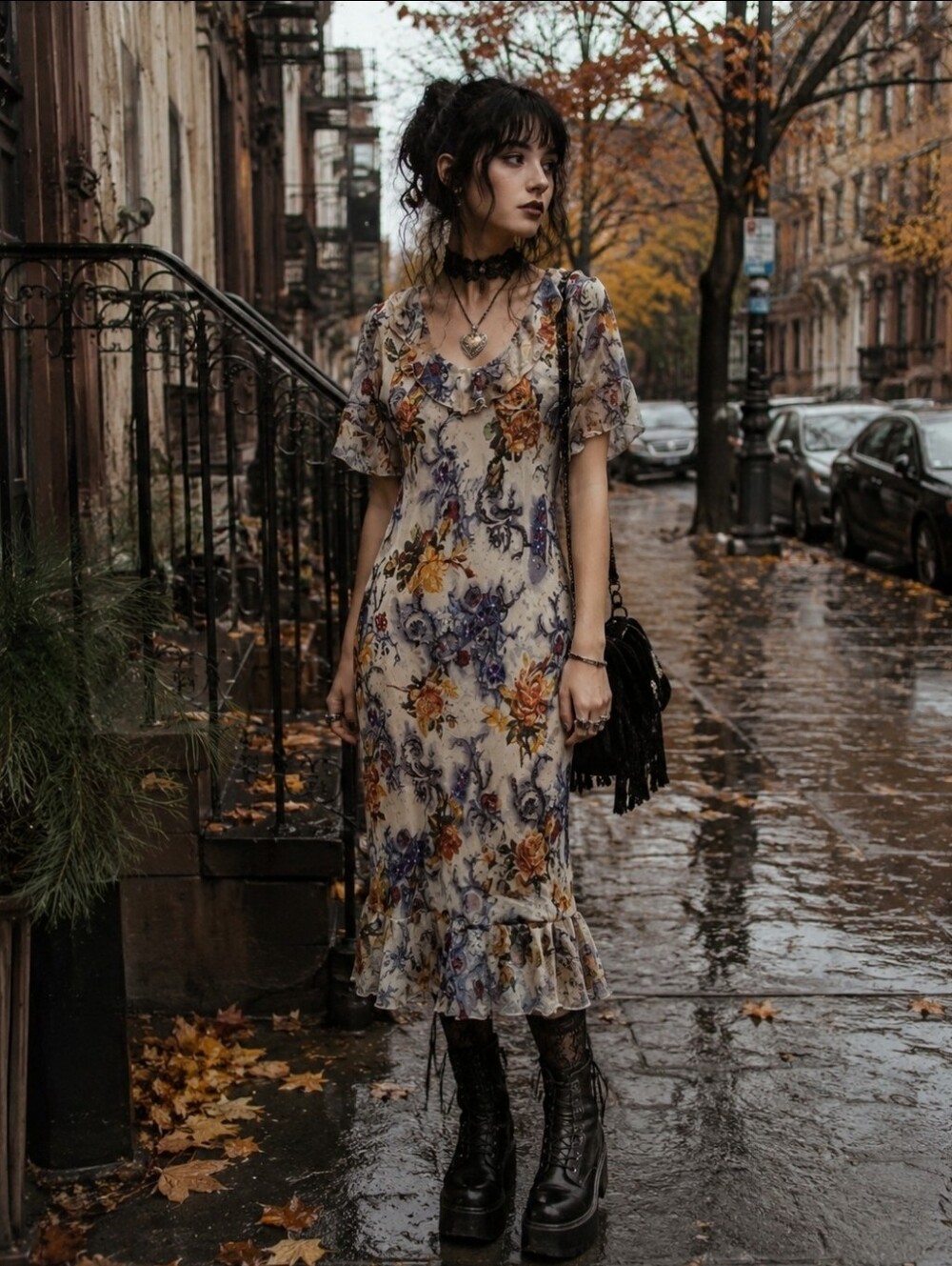 Whimsigoth Lapis Cream Midi Dress with Purple & Mustard Floral Print Size Medium